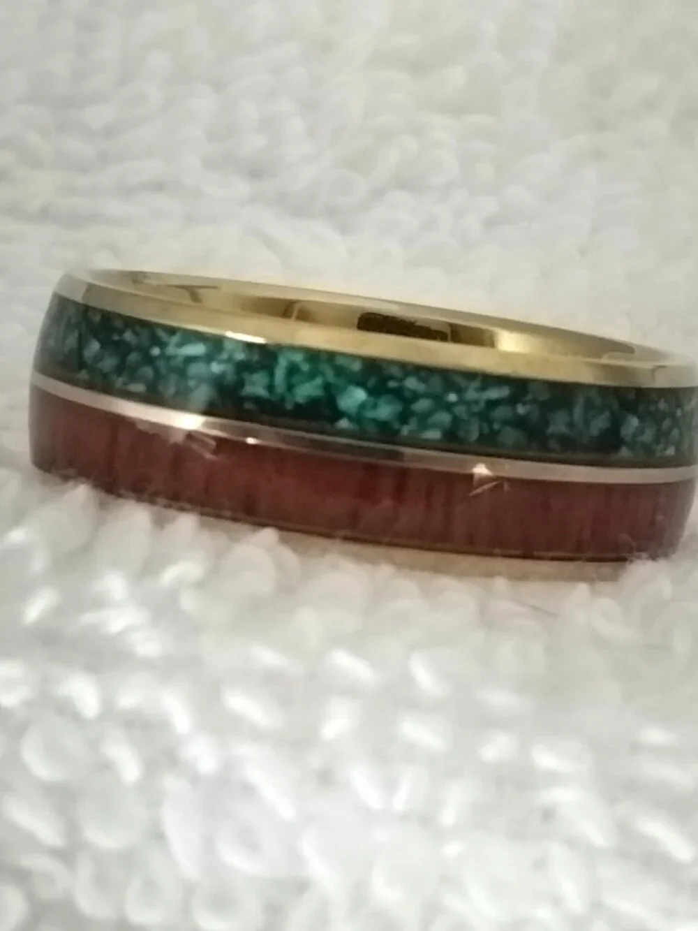 Size 12 Gold Stainless Steel Wedding Band – Green & Wood Inlay